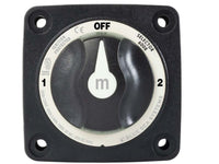 Front face of 3-position battery switch showing off position and mounting holes in corners