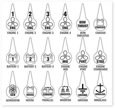 Sheet of 18 teardrop-shaped icon labels for battery switches including engine, battery, house, and windlass