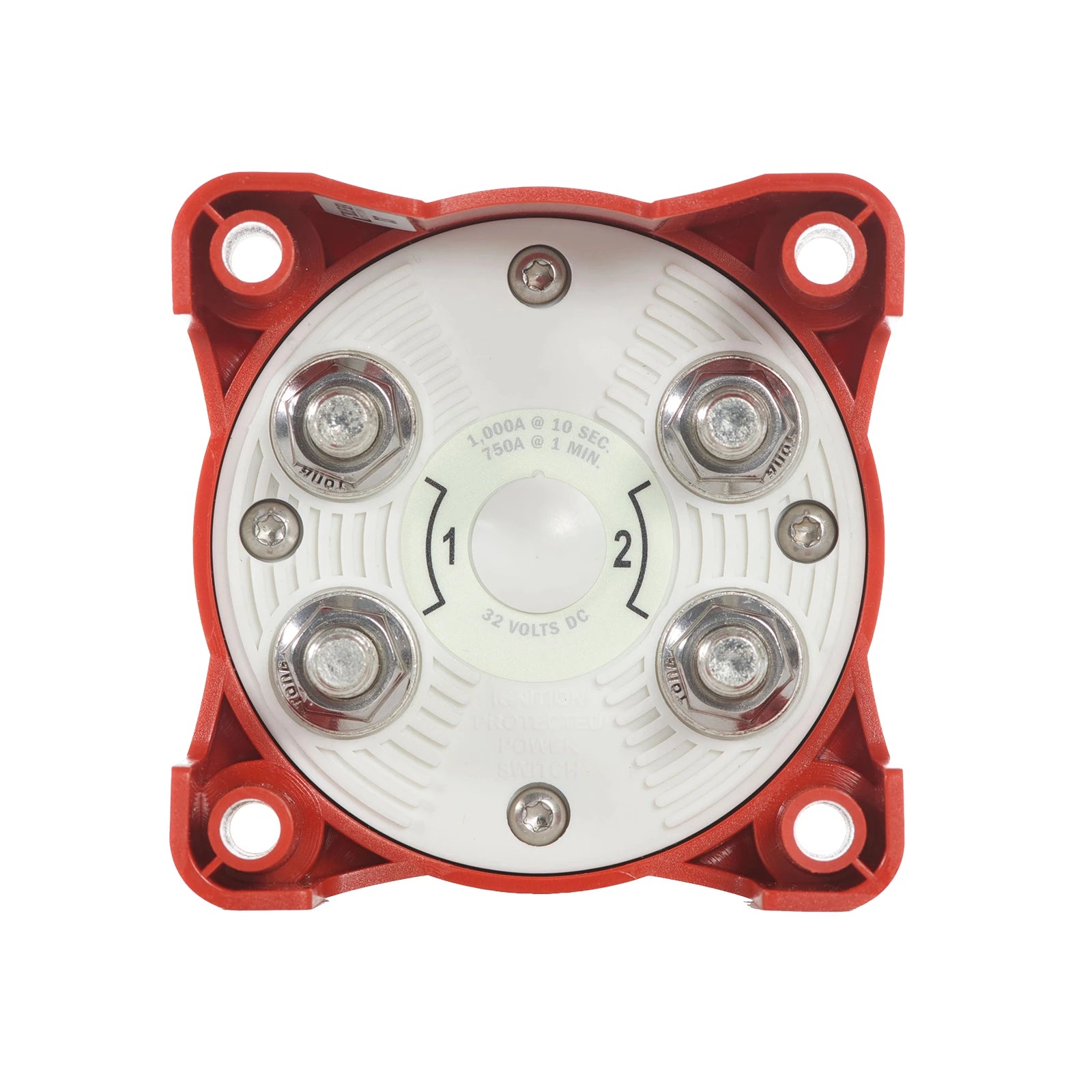 Rear view of dual circuit battery switch showing four tinned copper terminal studs