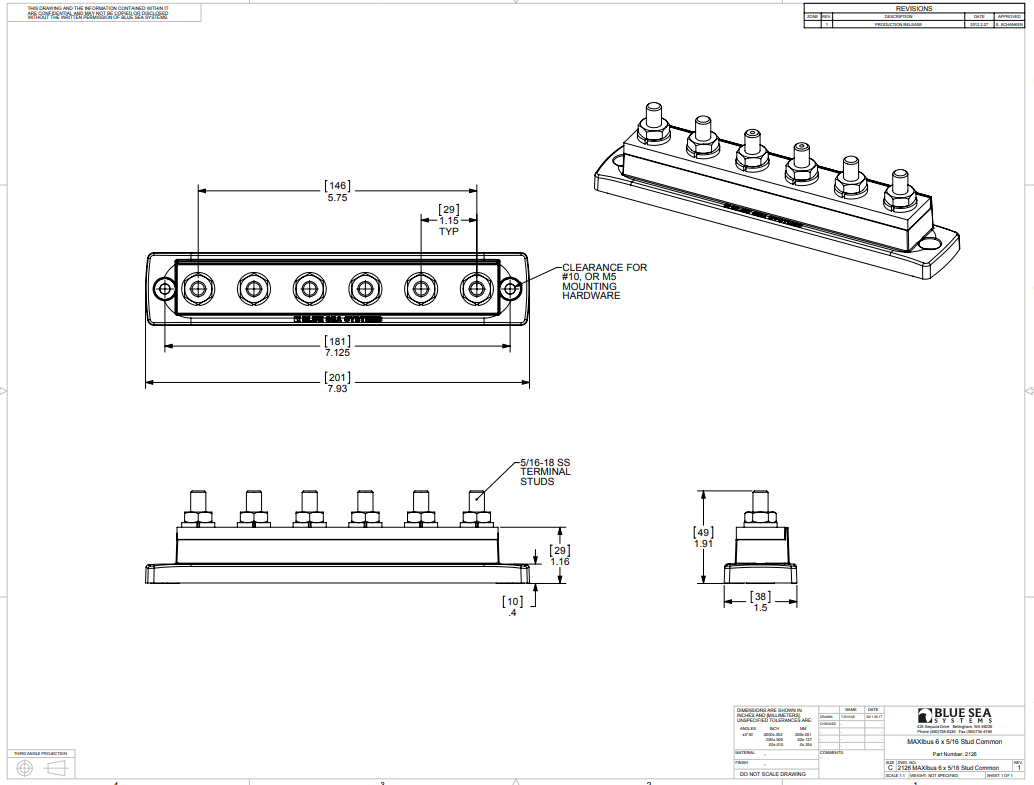 Dimensional drawing of busbar showing length of 201mm, width of 38mm and stud spacing details