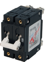 Blue Sea C-Series 100A double-pole circuit breaker with white toggle switch and black housing