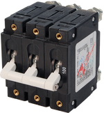 Blue Sea C-Series 100A triple-pole toggle circuit breaker with linked white switches