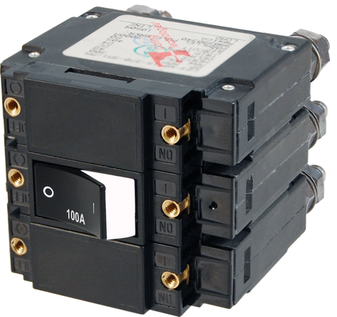 Blue Sea C-Series 100A triple-pole AC circuit breaker with raised rocker switch and threaded mounting holes