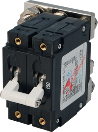 Blue Sea C-Series 150A double-pole circuit breaker with linked white toggles and rear stud terminals