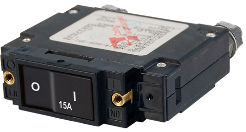 15A single-pole flat rocker circuit breaker with black casing and threaded mounting points