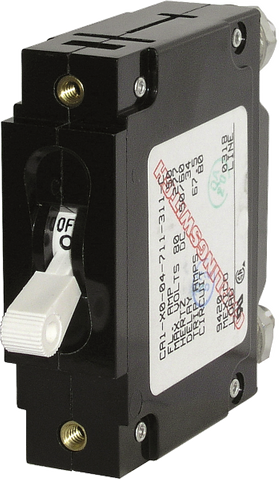 Blue Sea C-Series 50A single-pole toggle circuit breaker with black enclosure and white switch