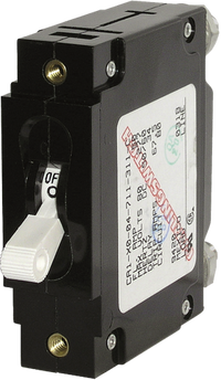 Blue Sea C-Series 5A single-pole circuit breaker with white toggle switch and technical side label