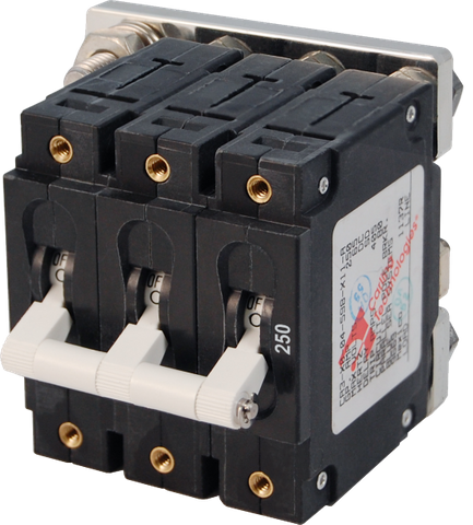 Blue Sea C-Series 250A triple-pole toggle circuit breaker with white bridged handle and side specification label