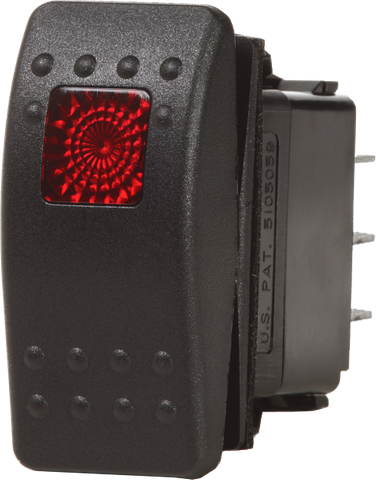 Black Contura II DPST on-off rocker switch with red illuminated lens and quick-connect terminals