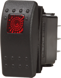 Black 3-position rocker switch with red illuminated lens and tactile bumps for panel mounting