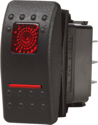 Black Blue Sea Contura II SPDT rocker switch with dual red illuminated lenses and textured surface