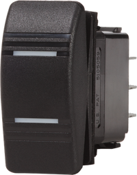 Black Contura DPDT ON-OFF-ON rocker switch showing the actuator profile and rear mounting housing