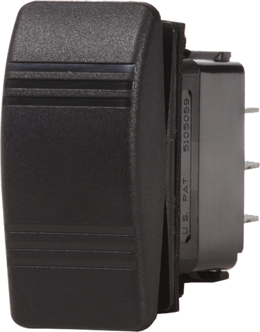 Black Contura rocker switch showing the textured surface, mounting seal and rear terminals