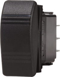Black Contura rocker switch showing the textured surface, mounting seal and rear terminals