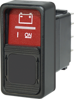Red Contura rocker switch with battery icon and (ON)OFF(ON) momentary switching positions