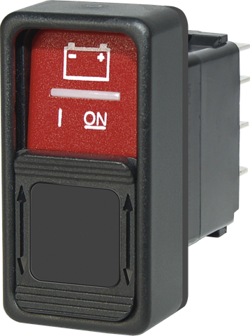 Red Contura rocker switch with battery icon and (ON)OFF(ON) momentary switching positions