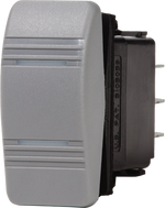 Grey SPDT ON-OFF-ON rocker switch with moisture-resistant seal for marine panels