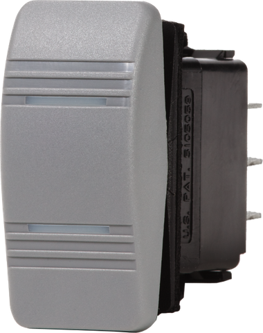 Grey SPDT ON-OFF-ON rocker switch with moisture-resistant seal for marine panels