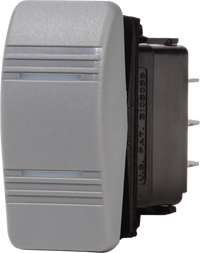 Grey SPDT ON-OFF-ON rocker switch with moisture-resistant seal for marine panels