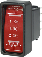 Red Blue Sea Contura SPDT rocker switch with ON-OFF-ON positions and battery management symbols
