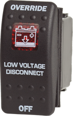 Black Contura II rocker switch with override and low voltage disconnect labels and red battery icon