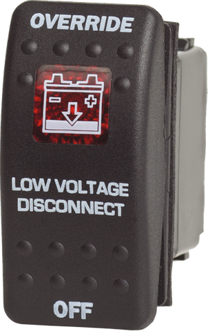 Black Contura II rocker switch with override and low voltage disconnect labels and red battery icon