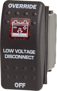 Black Contura II rocker switch with override and low voltage disconnect labels and red battery icon
