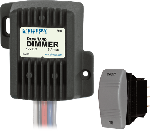 Blue Sea 12V 6A DeckHand light dimmer module with grey momentary rocker switch and wiring harness