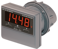Digital DC voltmeter with red LED display and push-button controls for multi-voltage battery systems
