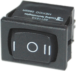 Black DPDT rocker switch with white I, O, and II markings for momentary and constant on positions