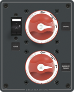 Blue Sea dual battery management panel with two red rotary switches and a black circuit breaker