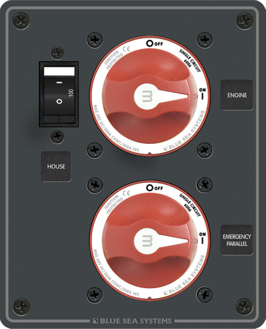 Blue Sea dual battery management panel with two red rotary switches and a black circuit breaker
