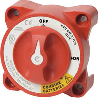 Red e-Series Dual Circuit Plus battery switch face showing OFF, ON and Combine Batteries selector positions