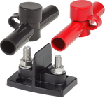 Dual power post terminal base with 5/16 and 3/8 inch studs and protective red and black insulators