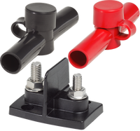 Dual power post terminal base with 5/16 and 3/8 inch studs and protective red and black insulators