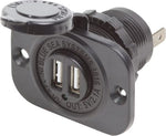 Black dual USB charger socket with open protective cap and mounting faceplate