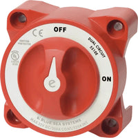 Front view of red e-Series dual circuit battery switch showing ON OFF positions and 350A rating