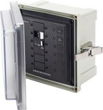 Blue Sea 240V 50A ELCI main electrical panel in a grey weatherproof enclosure with a clear hinged door