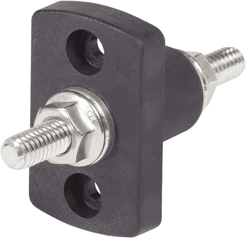 Blue Sea 250A feed through connector with black thermoplastic base and tin-plated copper studs