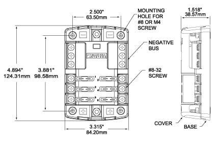 Technical drawing of fuse block dimensions showing 124.31mm height and 84.20mm width