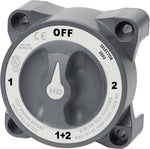 Front view of grey heavy-duty battery selector switch with rotary dial showing OFF, 1, 2 and 1+2 positions