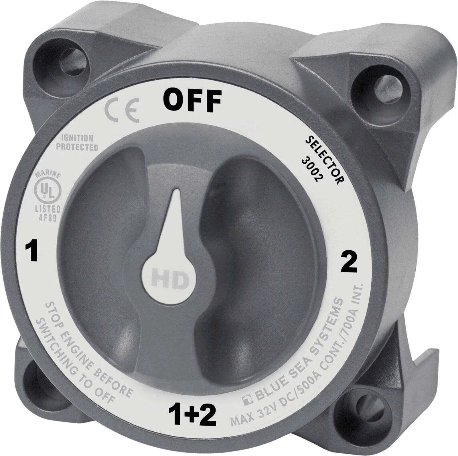 Front view of grey heavy-duty battery selector switch with rotary dial showing OFF, 1, 2 and 1+2 positions