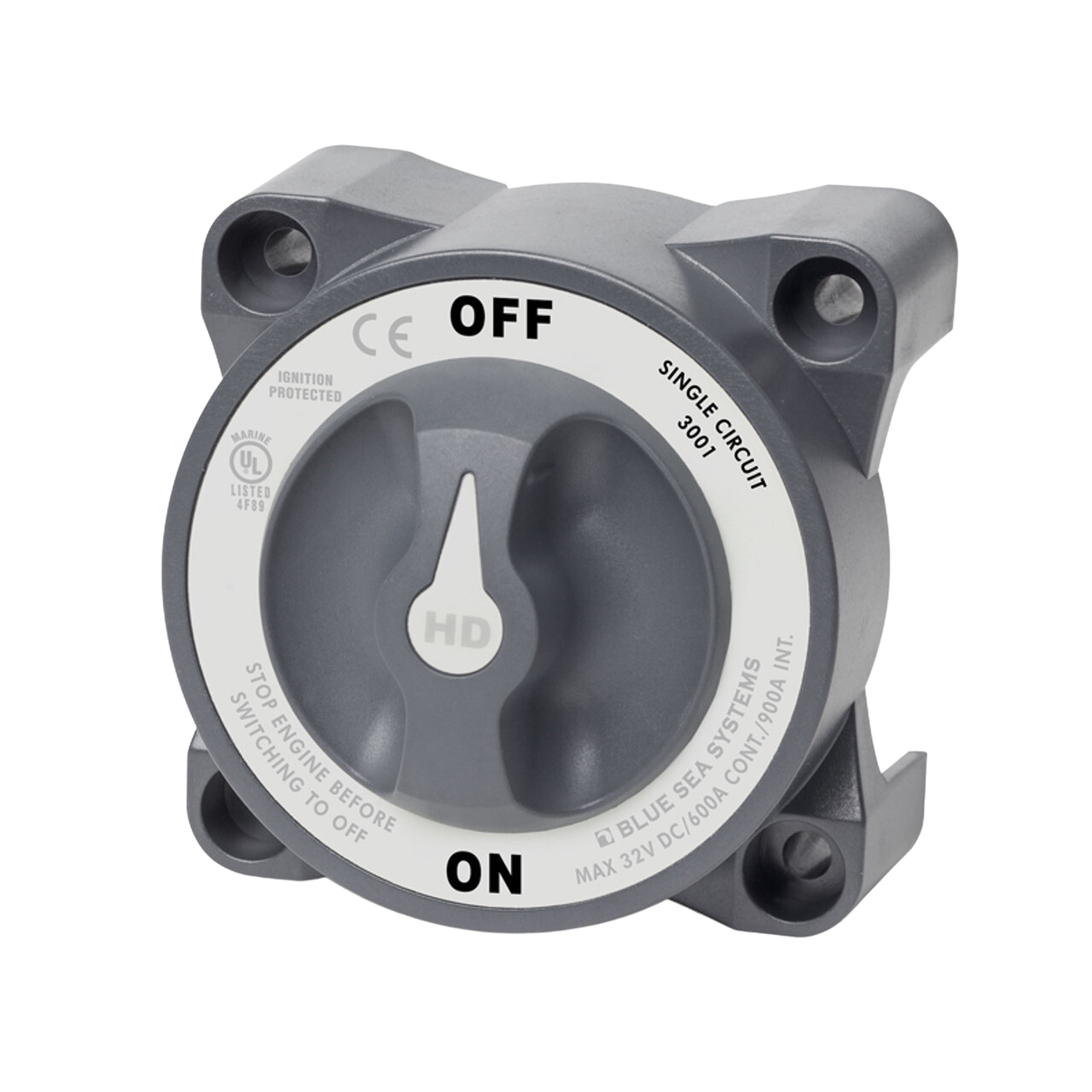Grey heavy-duty battery switch selector in OFF position with high amperage safety labels
