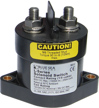 Blue Sea L-Series 450A solenoid switch with dual M8 threaded terminals and IP67 rated enclosure