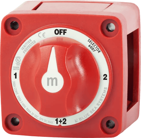 Front view of red Blue Sea m-Series 4-position battery selector switch with rotary knob pointing to OFF position