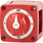 Front view of red Blue Sea m-Series 4-position battery selector switch with rotary knob pointing to OFF position