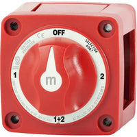 Front view of red Blue Sea m-Series 4-position battery selector switch with rotary knob pointing to OFF position