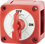 Red 300A single circuit battery switch with lockable rotary knob and clear status labels