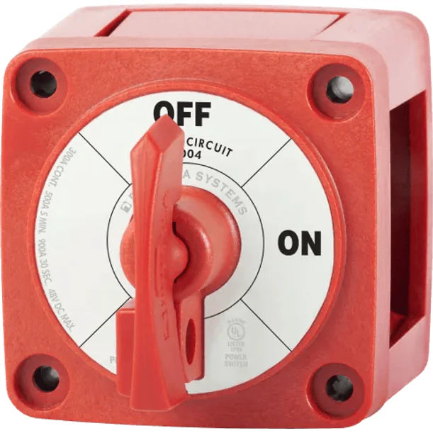 Red 300A single circuit battery switch with lockable rotary knob and clear status labels