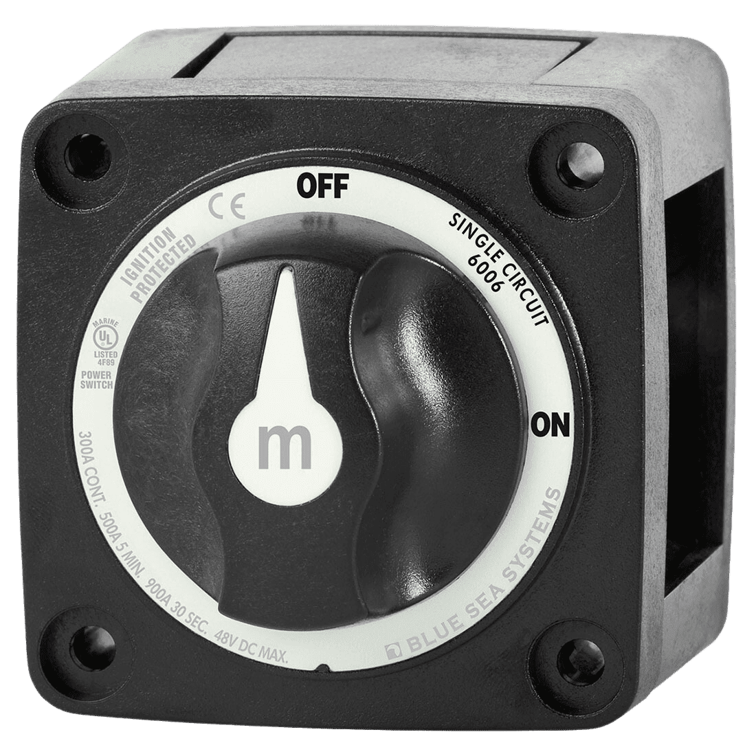 Front view of black battery switch with rotary knob in OFF position, showing ignition protected and single circuit text